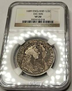 1689 Great Britain 1/2 Crown World Silver Coin NGC VF20 William & Mary ESC-505