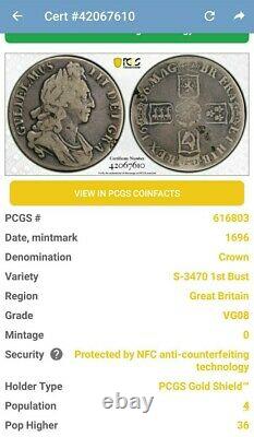 1696 Great Britain Silver Crown S-3470 1st Bust William PCGS VG 08 Gold Shield