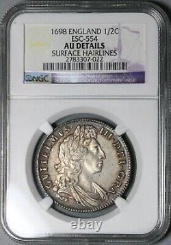 1698 NGC AU Det William III Half 1/2 Crown Great Britain Silver Coin (21101801C)