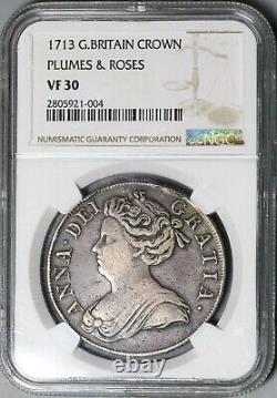 1713 NGC VF 30 Anne Crown Great Britain 5 Shillings Plumes Roses Coin 22052101C
