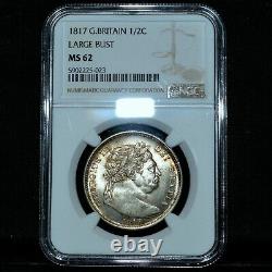 1817 Great Britain 1/2 Crown Ngc Ms-62 England Large Bust 1/2c Unc Trusted