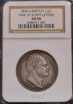 1834 GREAT BRITAIN 1/2 Half Crown WW in Script Letter Coin WILLIAM IIII NGC AU58