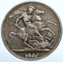 1889 GREAT BRITAIN Queen Victoria SAINT GEORGE Horse Silver Crown Coin i111181