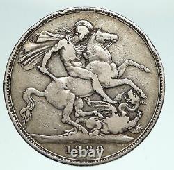1889 GREAT BRITAIN UK Queen Victoria SAINT GEORGE Horse Silver Crown Coin i90908