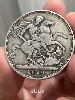 1889 GREAT BRITAIN UK Queen Victoria ST GEORGE Horse Silver Crown Coin Free SH