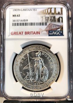 1907 Great Britain Silver Trade Dollar T$1 Ngc Ms 62 Beautiful Coin