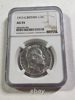 1910 Great Britain 1/2 Crown Silver Coin Graded AU 55 by NGC