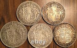 1914 1915 1916 1917 1918 Lot Of 5 Uk GB Great Britain Silver Half Crown Coins