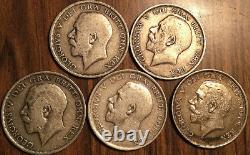 1914 1915 1916 1917 1918 Lot Of 5 Uk GB Great Britain Silver Half Crown Coins