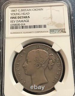 925 Silver 1847 Great Britain Crown Queen Victoria NGC F Details