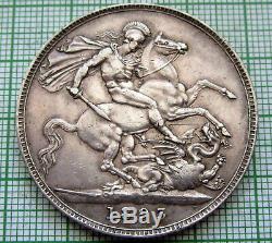 GREAT BRITAIN QUEEN VICTORIA 1893 CROWN St GEORGE ON HORSEBACK SILVER HIGH GRADE