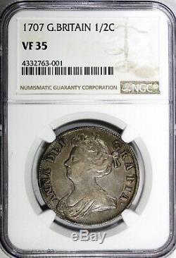 Great Britain Anne Silver 1707 1/2 Crown NGC VF35 SCARCE Light Toned KM# 525.1
