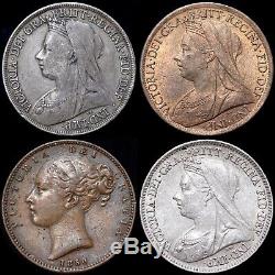 Great Britain. Four Victorian Coins, Crown, Sixpence, Penny And Farthing