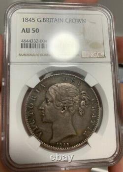 NGC AU50 Great Britain UK 1845 Queen Victoria Silver Coin 1 Crown