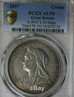 Nice Original Almost Uncirculated 1897 Great Britain Crown LXI Edge PCGS AU50