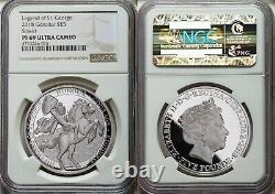 Queen Elizabeth II Silver Proof St. George 5 Pounds Gibraltar, Great Britain