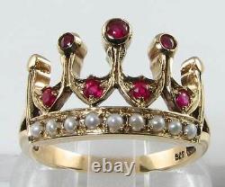 Regal English 9k Gold Indian Ruby & Pearl Crown Ring Free Resize