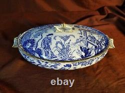 Royal Crown Derby England Mikado Blue Oval Covered Vegetable Dish (1933)