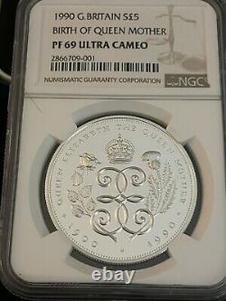 UK Great Britain 1990 Silver Proof Crown Queen Mother's 90th Birthday NGC PF 69