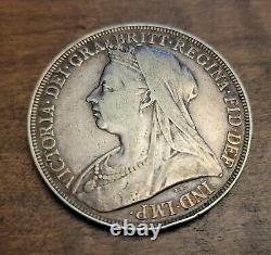 XF/AU 1896 LX Great Britain 1 Crown GB UK Silver Coin Queen Victoria