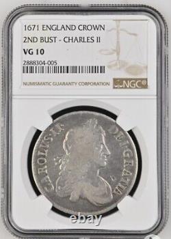 1671 Grand Grand Grand Grand Grand Crown Silver Coin Charles II 2nd Buste Ngc Vg-10