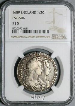1689 Ngc F 15 William Mary 1/2 Crown Great Britain Silver Coin (21020505c)