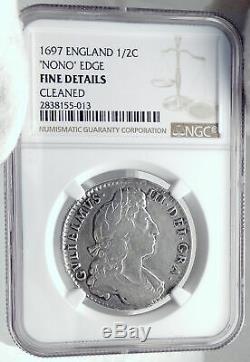 1697 Grande-bretagne Uk King William III Antique Silver Half Crown Coin Ngc I81752