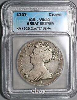 1707-e Icg Vg 10 Anne Crown Grande-bretagne Écosse 5 Shillings Coin (21053102c)