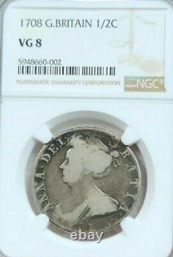 1708 Grande-bretagne 1/2 Couronne 1/2c Reine Anne Ngc Vg 8 Scarce Great Coin