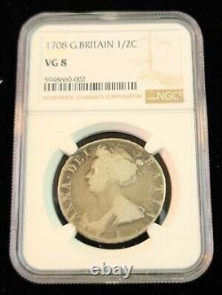 1708 Grande-bretagne 1/2 Couronne 1/2c Reine Anne Ngc Vg 8 Scarce Great Coin