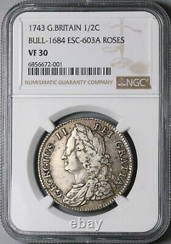 1743 NGC VF 30 Georges II 1/2 Couronne Grande-Bretagne GEORGIUS Pièce d'argent rare (23102201D)