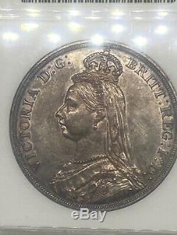 1887 Grande-bretagne Couronne Argent Monnaie Au-55 Magnifiques Toning! Ressemble Unc