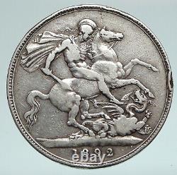 1892 Grande Britaine Royaume-uni Reine Victoria Saint George Cheval Argent Crown Coin I90940