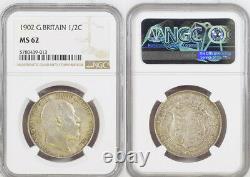 1902, Grande-bretagne, Edward Vii. Nice Certifié Argent 1⁄2 Crown Coin. Ngc Ms-62