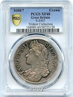 Argent rare 1688/7 Angleterre Grande-Bretagne Couronne PCGS XF40 Collection Trident