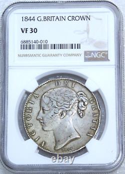 Couronne d'argent britannique de 1844, Victoria NGC VF30, Pièce originale récemment évaluée #J4