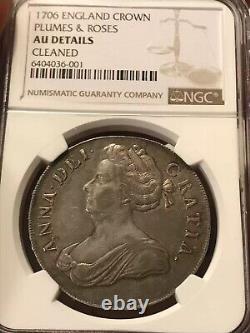 Ngc Au Details Grande-bretagne Angleterre 1706 Plumes & Roses Silver Coin 1 Crown