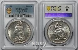 PCGS AU58 Grande-Bretagne 1889 Couronne Victoria Jub Head à propos de la pièce en argent non circulée