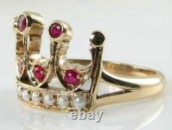 Regal Anglais 9k Gold Indian Ruby & Pearl Crown Ring Redimensionnement Gratuit