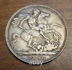 Xf/au 1896 LX Grande-bretagne 1 Crown GB Uk Silver Coin Reine Victoria